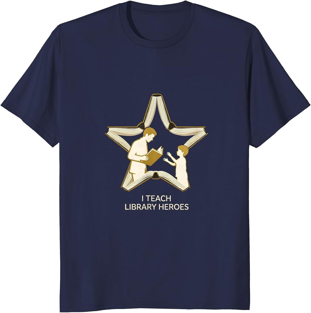 I Teach Library Heroes Funny Teacher Librarian Back T-Shirt - Navy Blue