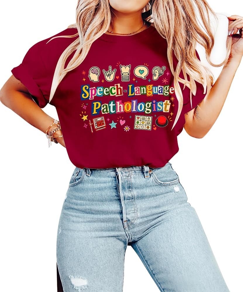 Speech Language Pathologist Shirt Women, Speech Language Pathologist T-Shirt - Crew Neck Claret-rn