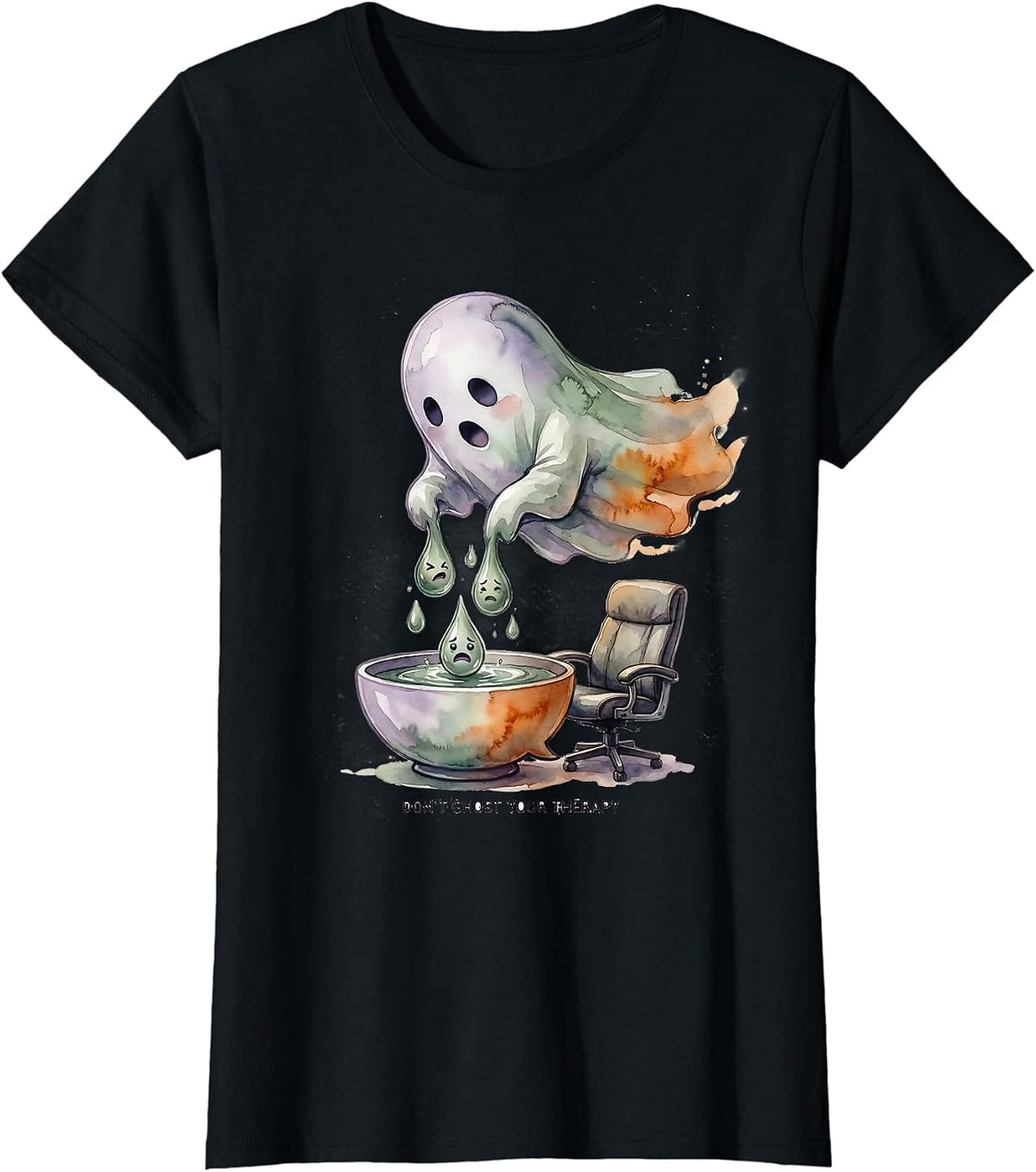 Don't Ghost Your Therapy Watercolor Ghost Mental Health T-Shirt - Black