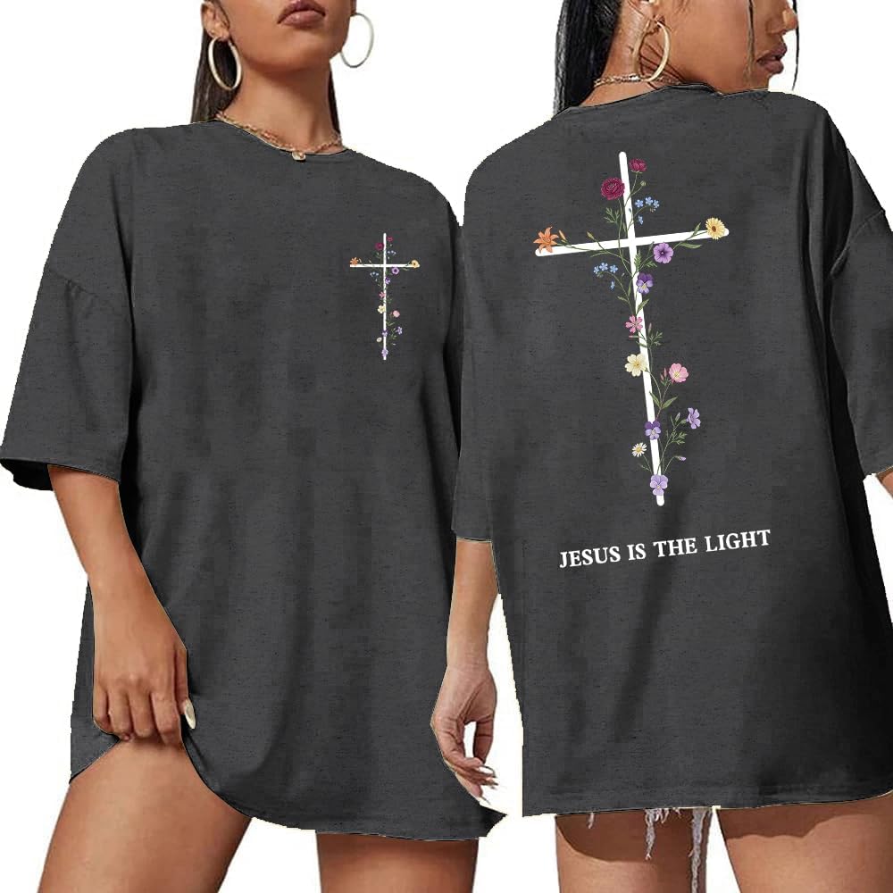 Christian Shirts for Women Faith Over Fear Oversized Graphic Tees - Darkgreyx