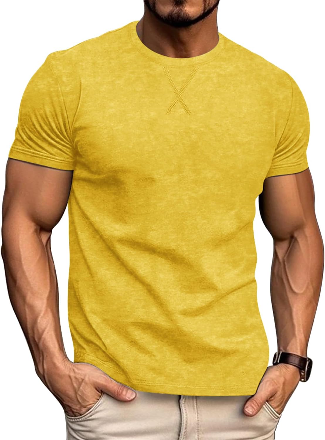 LOGEEYAR Men's Athletic Washed T-Shirts Basic Crew Neck Tees Tops Causal Distressed Cotton T Shirts for Men - Yellow