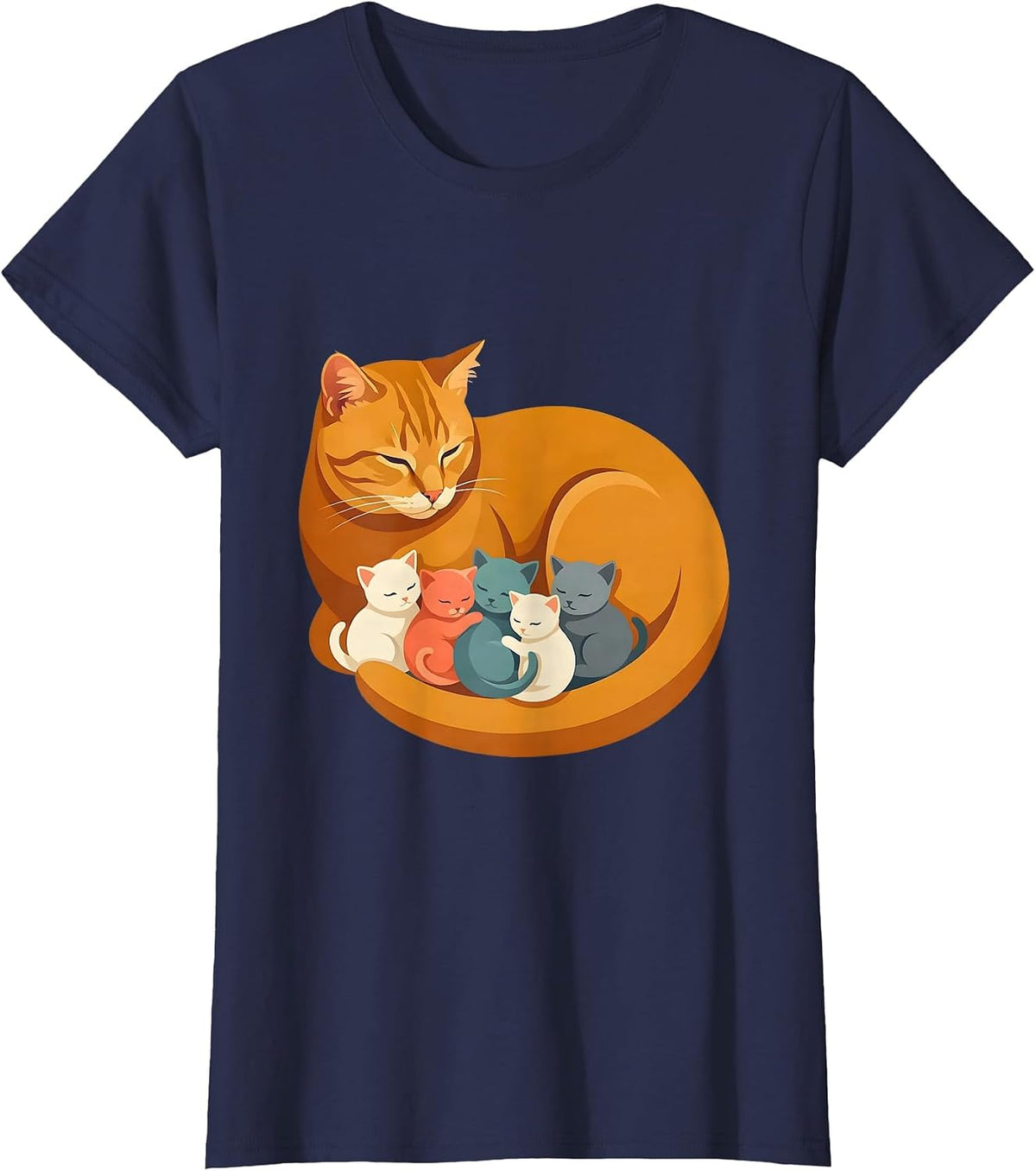 Women's Cat Mom Nursing Kittens Illustration T-Shirt - Navy Blue