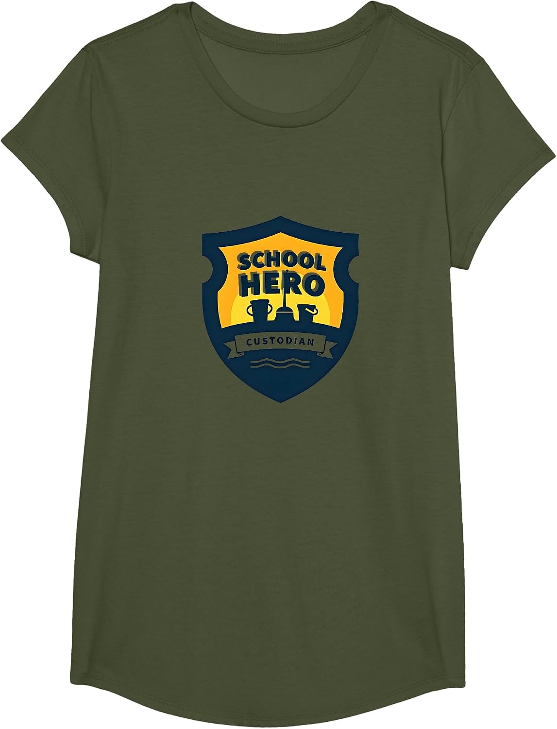 School Hero Custodian Badge Appreciation Award T-Shirt - Girls Olive Green
