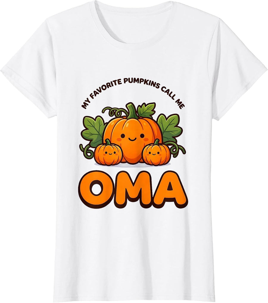 Women's My Favorite Pumpkins Call Me Oma Cute Kawaii Halloween T-Shirt - White