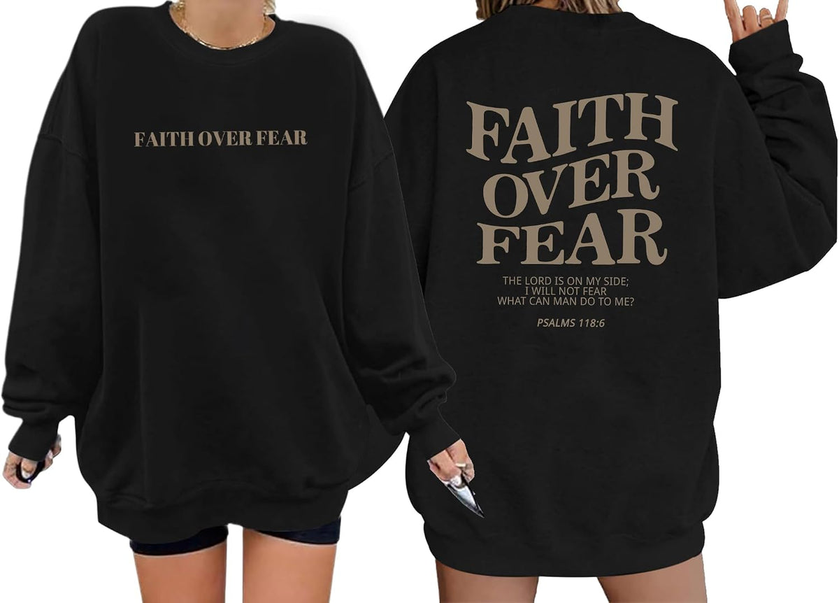 Oversized Christian Sweatshirt Women Faith Over Fear Sweater Top - Black
