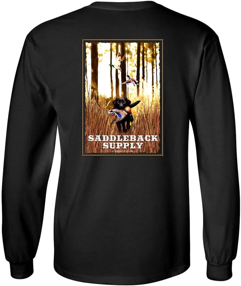 Saddleback Supply Men's Graphic Logo Long Sleeve Shirts - Outdoor Collection - Black Shirt With Dog Hunting Logo