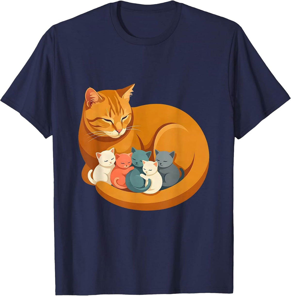 Men's Cat Mom Nursing Kittens Illustration T-Shirt - Navy Blue