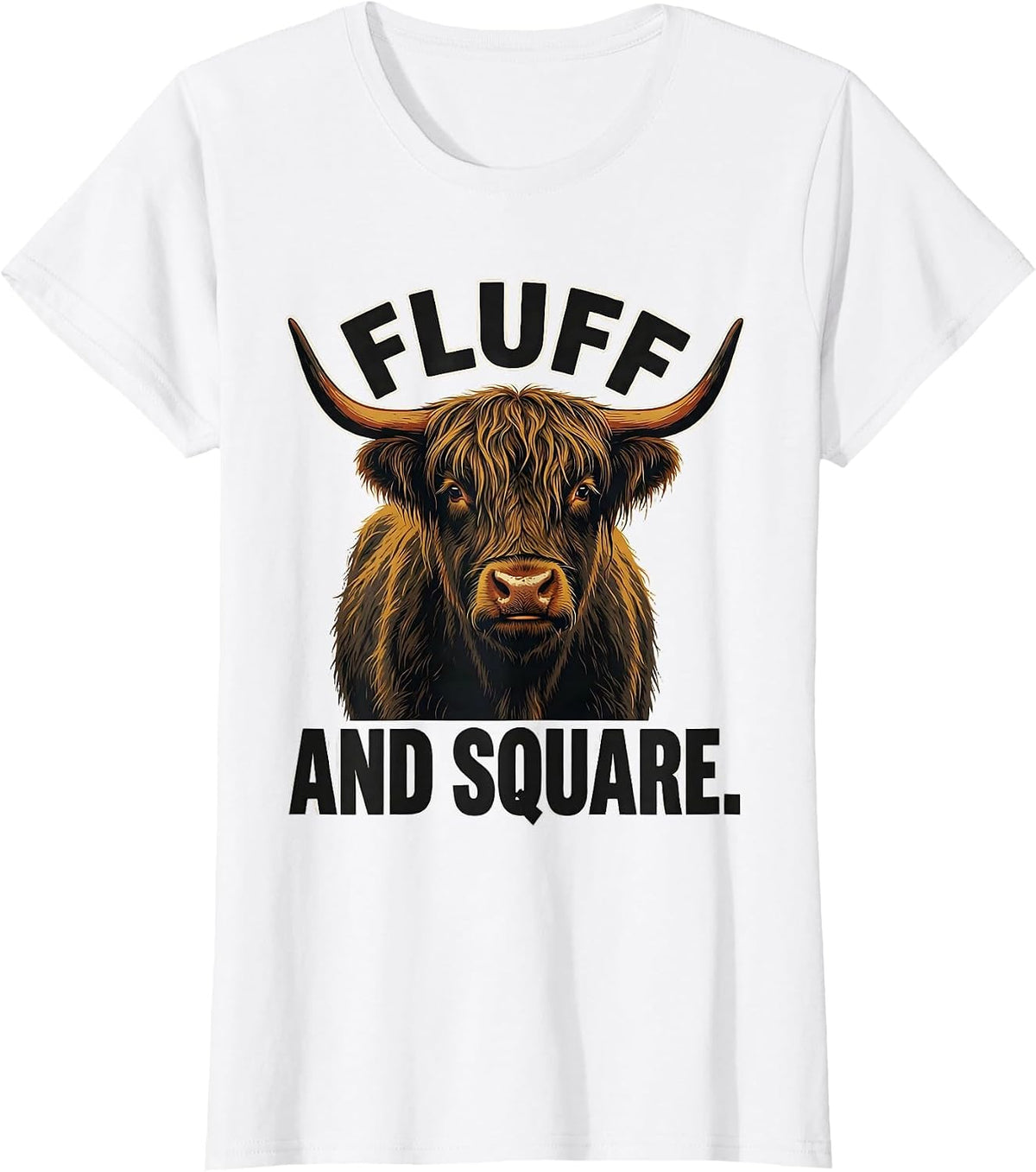 Women's Fluff And Square Funny Highland Cow Graphic Cute T-Shirt - White