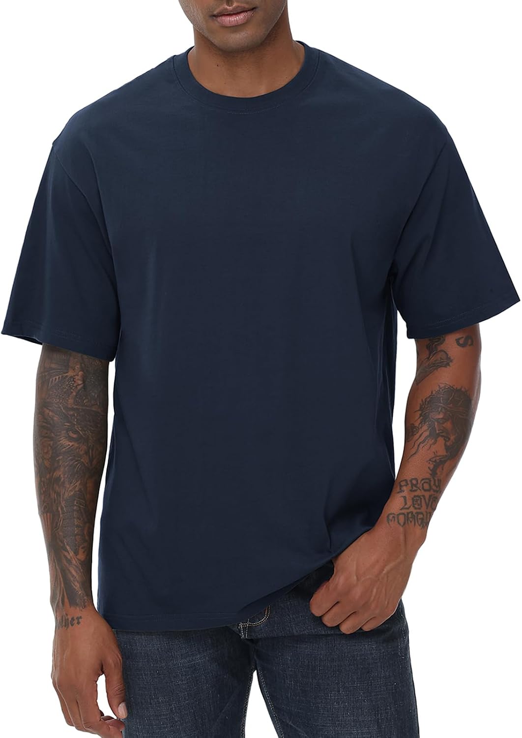 KEEPSHOWING Mens Oversized Short Sleeve T-Shirts Cotton Loose Fit Tees - Navy