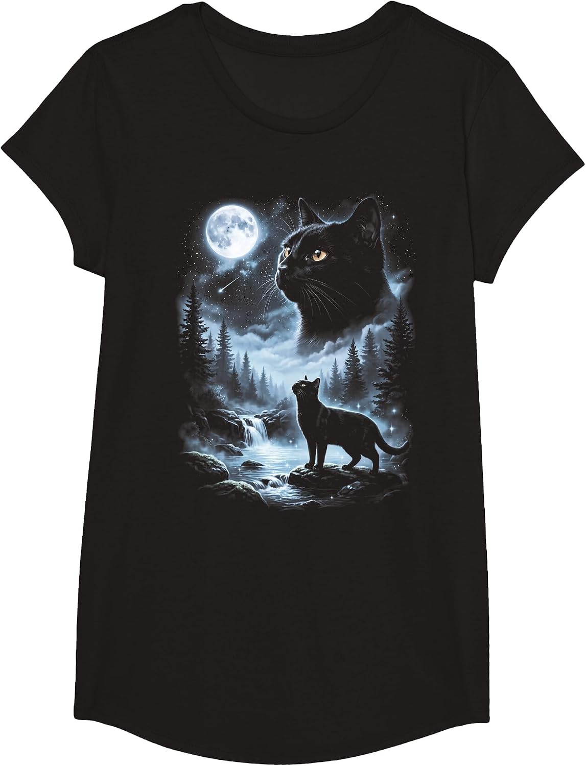 Black Cat Howling at Moon 90's Retro T-Shirt - Girls Black