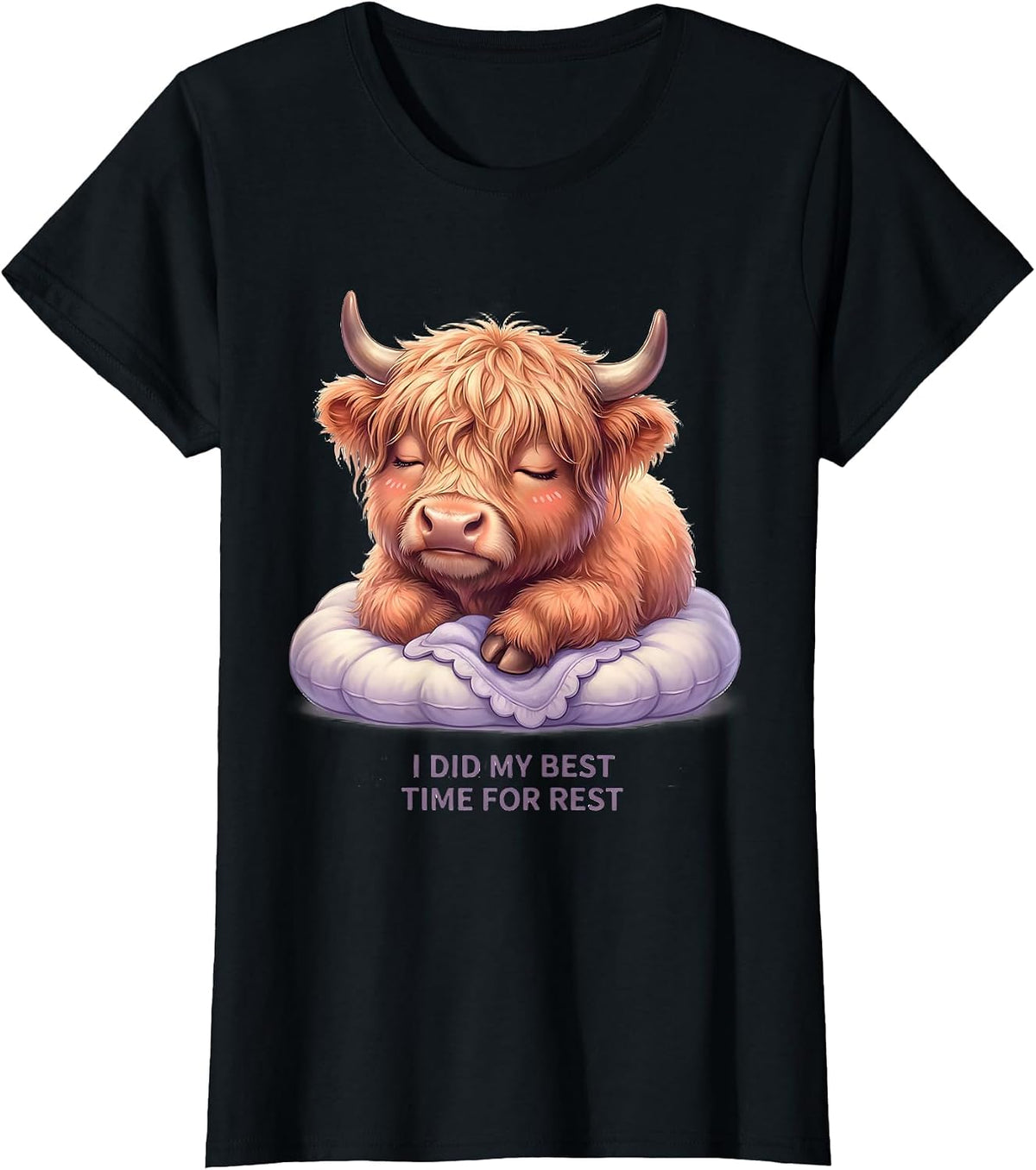 Women's I Did My Best, Time For Rest Cute Kawaii Highland Cow T-Shirt - Black