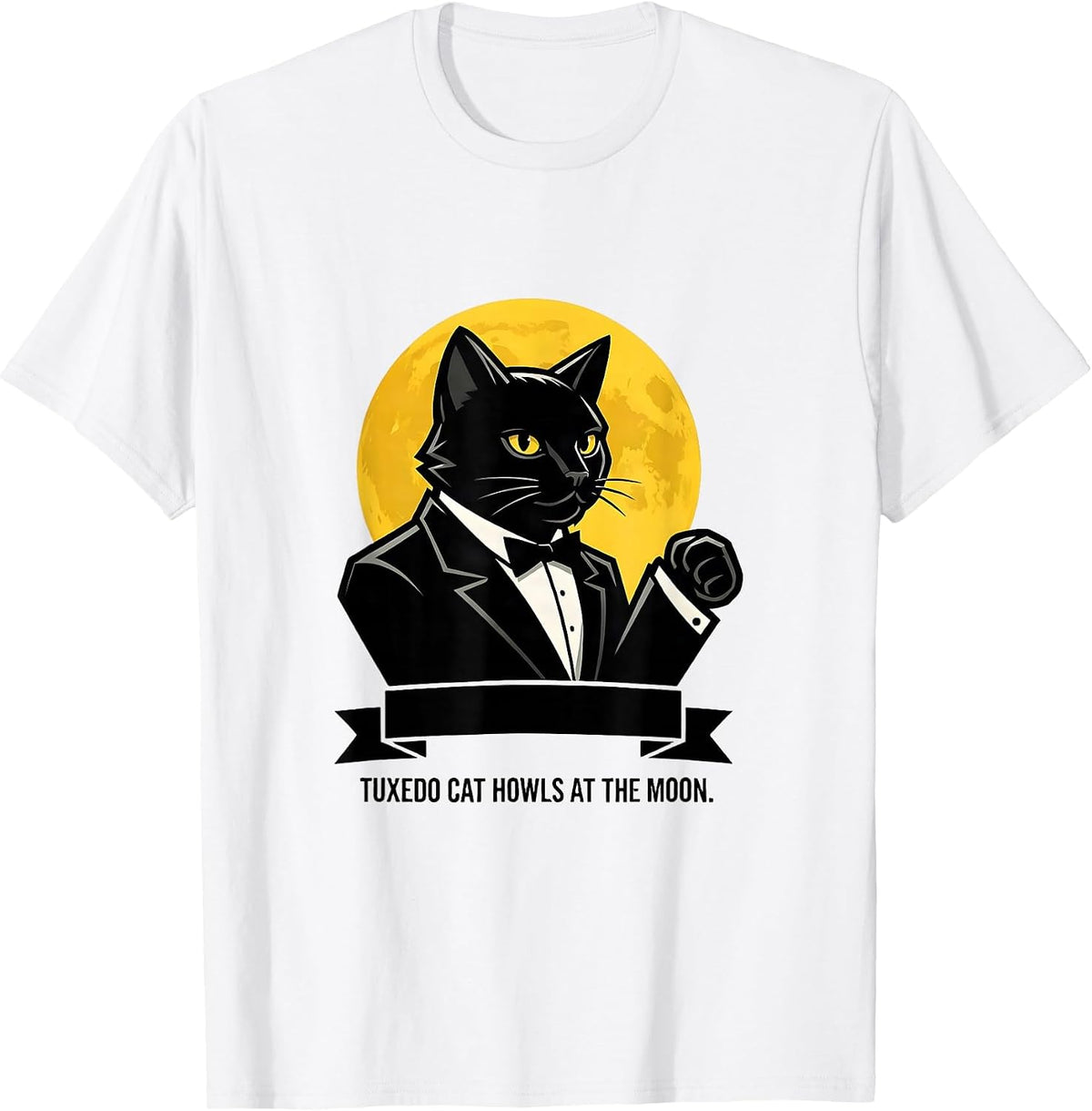 Men's Tuxedo Cat Howls at the Moon 90's Retro Novelty T-Shirt - White