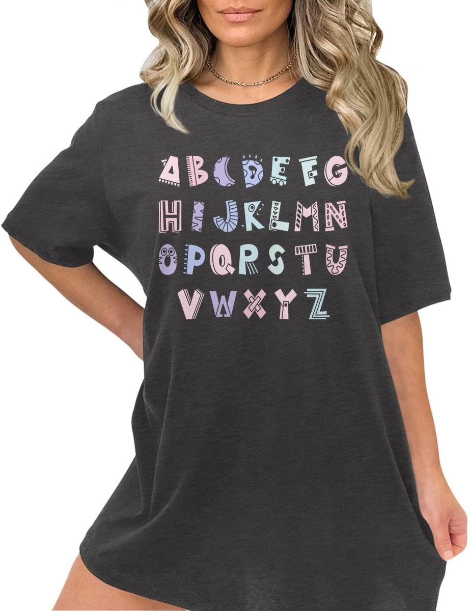 Teacher Shirts Cute Letter Print Graphic Tees for Women Short Sleeve Casual Teaching Tops - Abc Cute - Dark Grey Heather