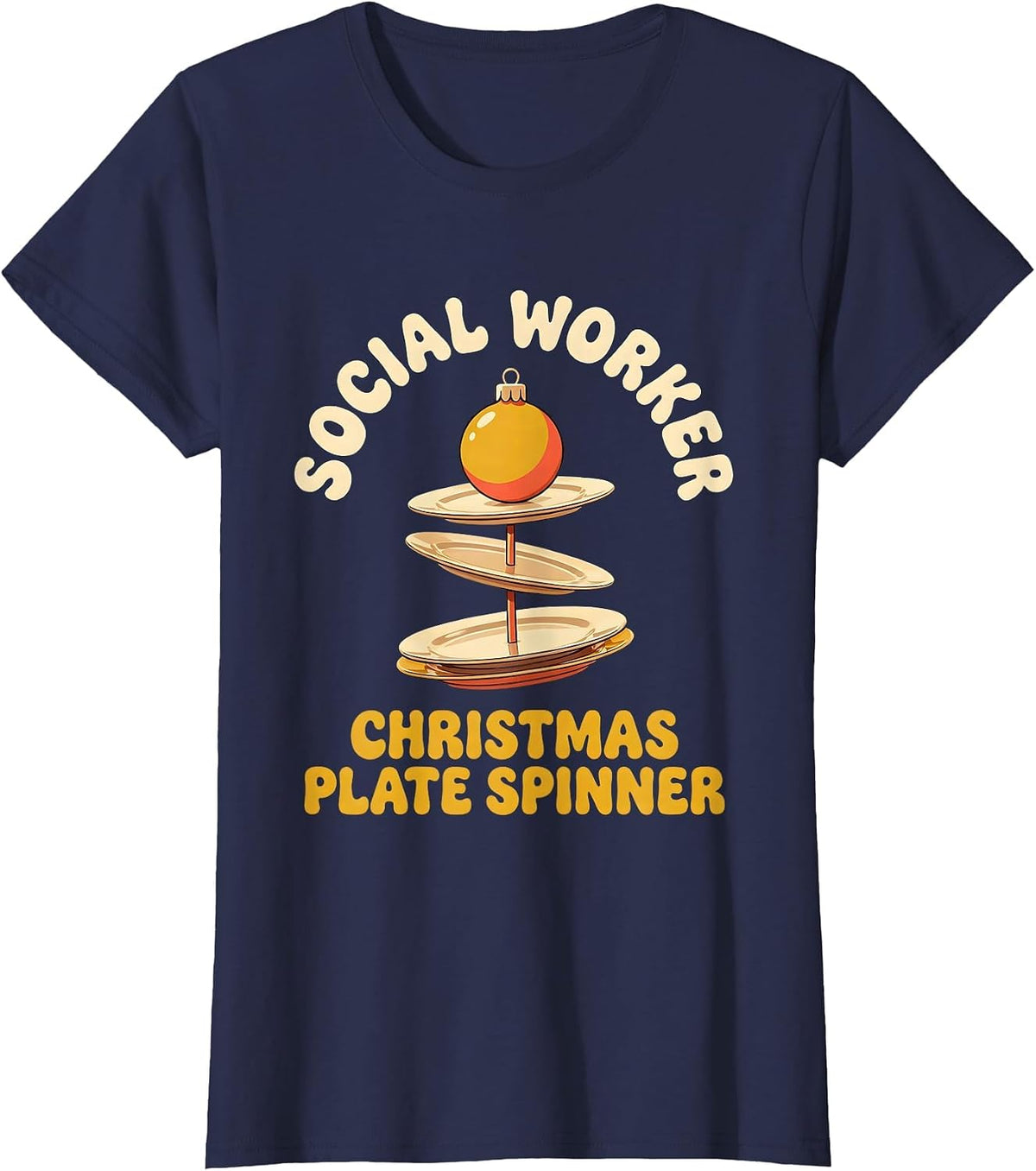 Women's Social Worker, Christmas Plate Spinner Retro Social Work T-Shirt - Navy Blue