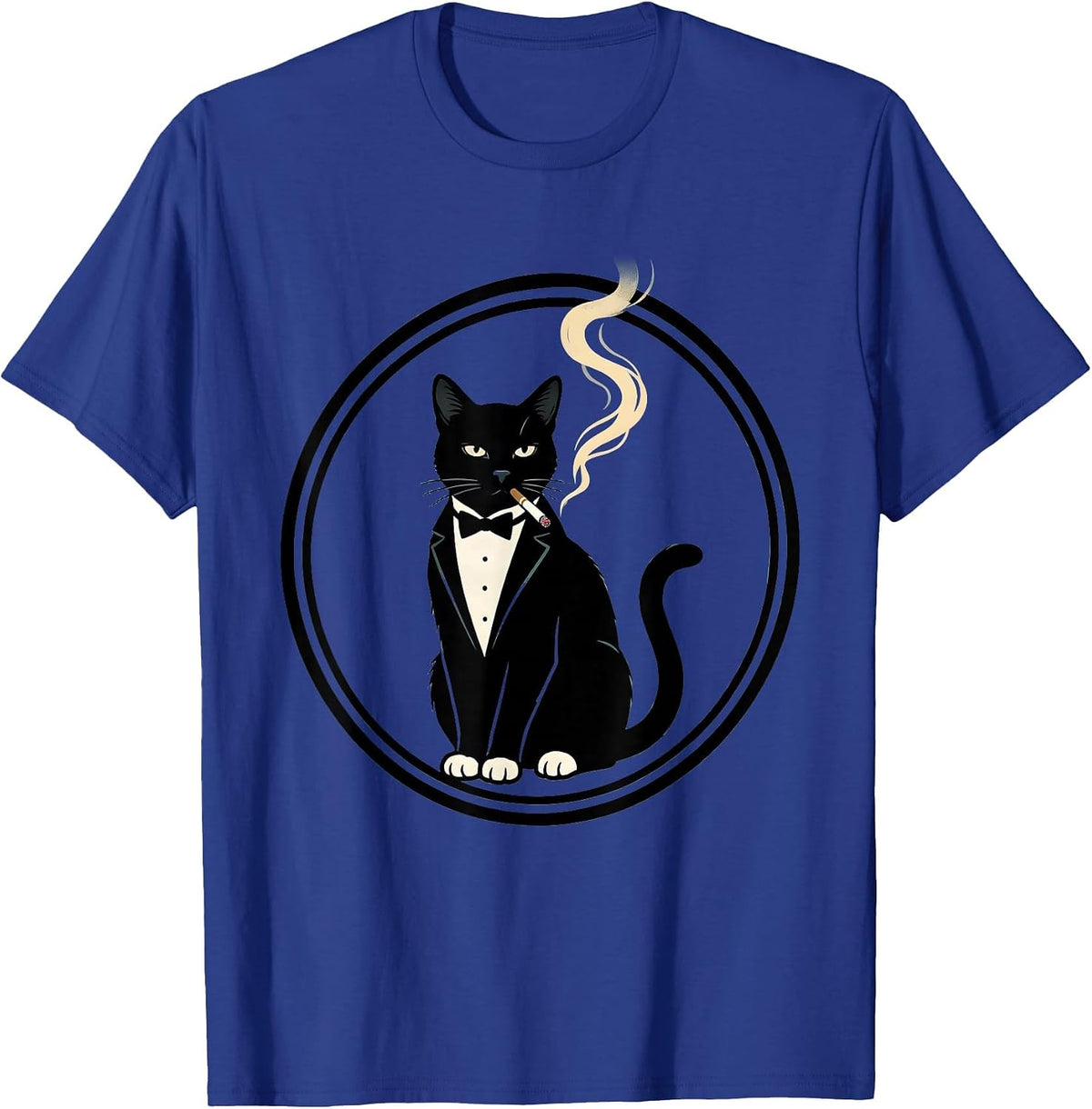 Tuxedo Cat Smoking a Ring of Smoke Art T-Shirt - Royal Blue