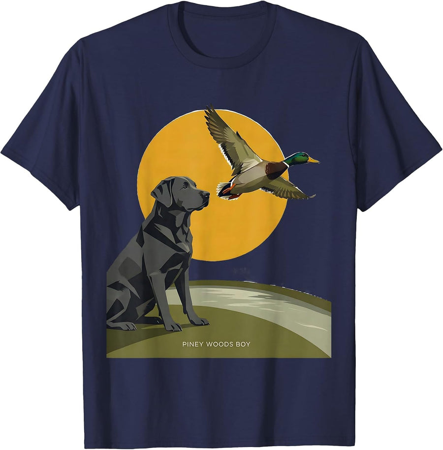 Piney Woods Boy Midcentury Modern Labrador Duck Hunting T-Shirt - Navy Blue