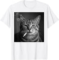 Cool Tabby Cat Smoking Cigarette Portrait Photo Style Funny T-Shirt - White