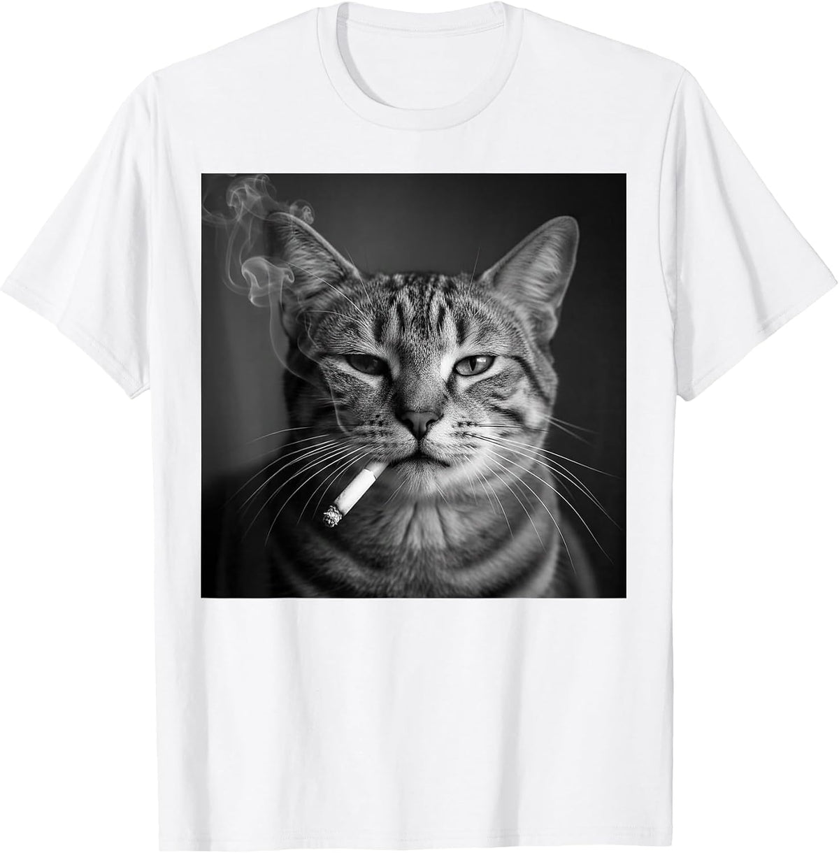 Cool Tabby Cat Smoking Cigarette Portrait Photo Style Funny T-Shirt - White