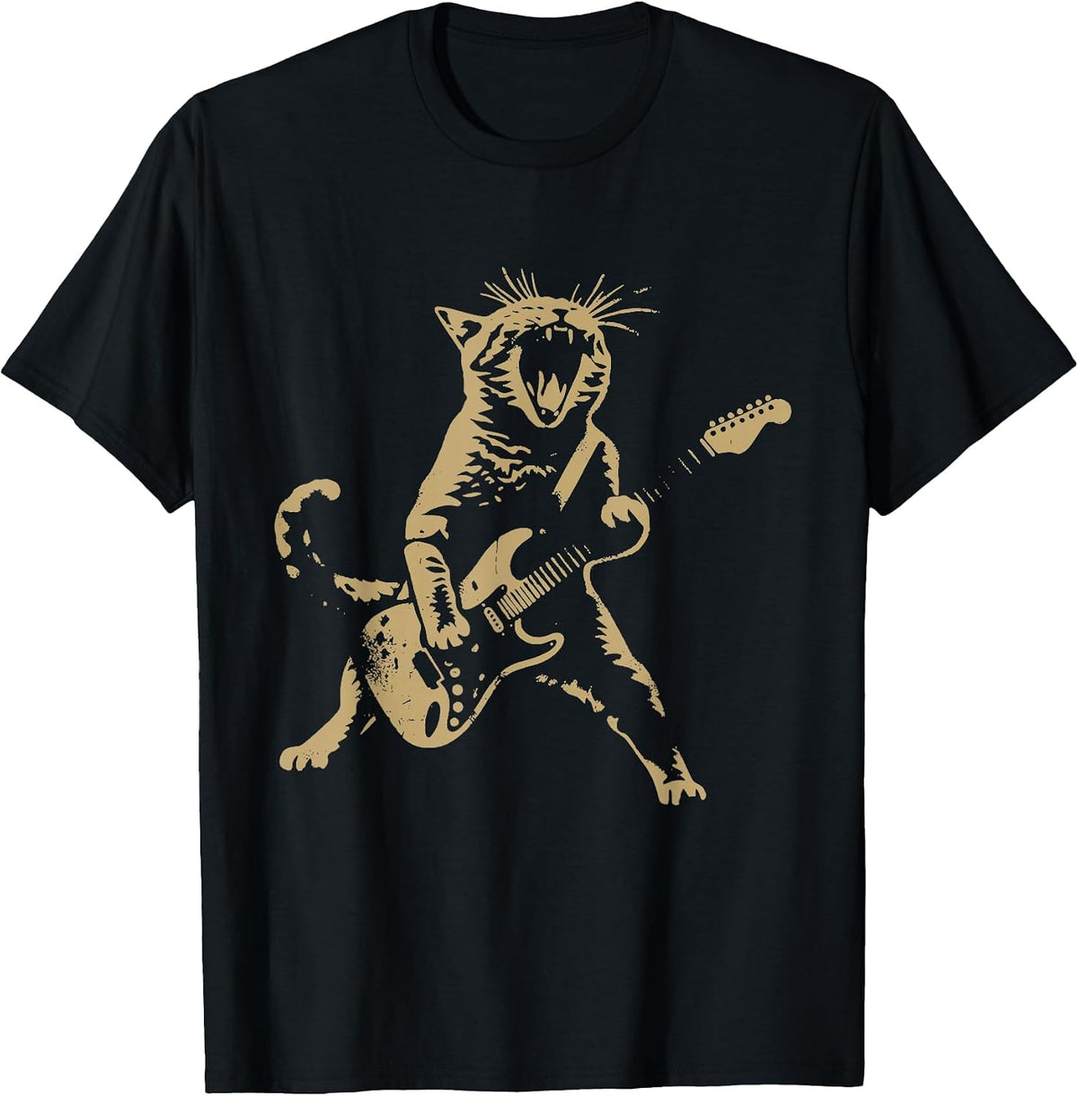 Cat Playing Guitar Rock Star Rock and Roll Men Women Kids T-Shirt - Black