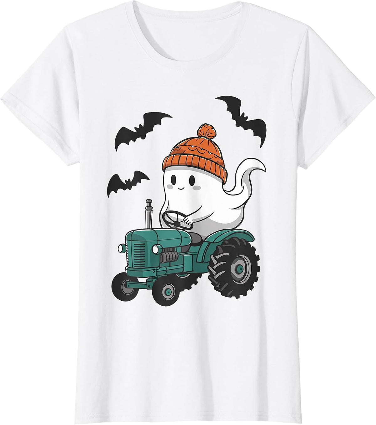 Cute Ghost Riding Tractor Lovers Spooky Halloween Farmer T-Shirt - White