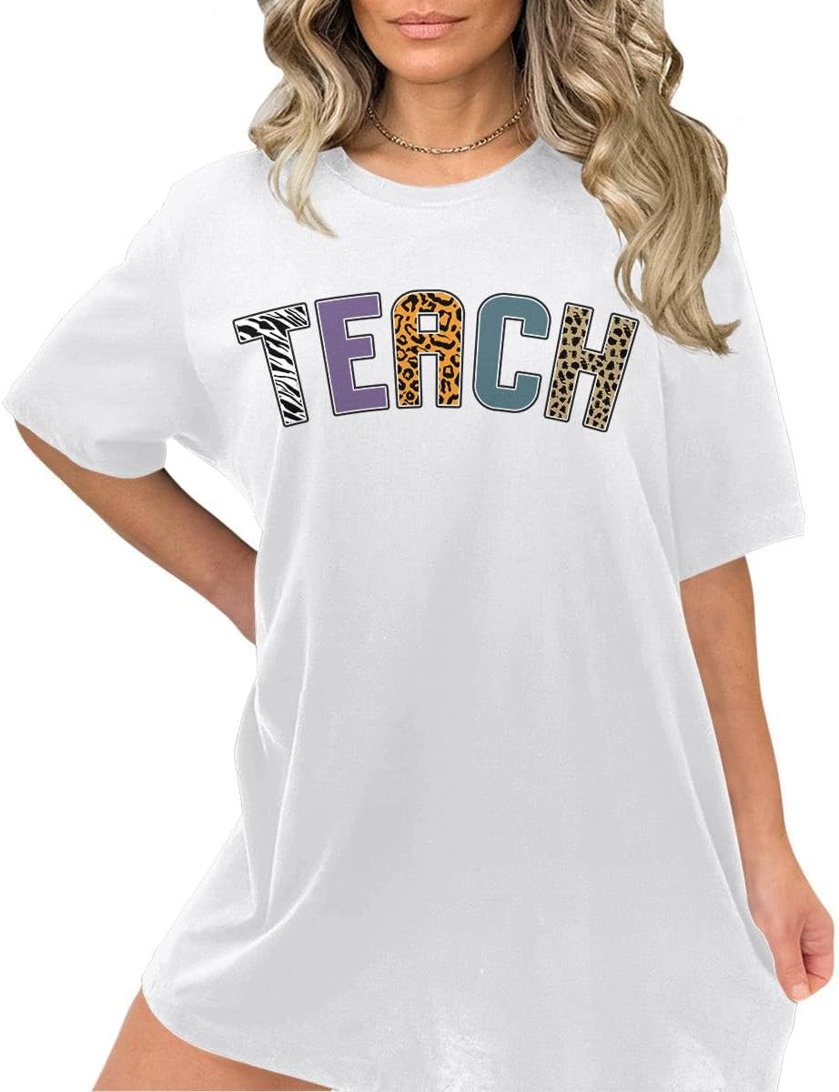 Teacher Shirts Cute Letter Print Graphic Tees for Women Short Sleeve Casual Teaching Tops - Animal Print - White