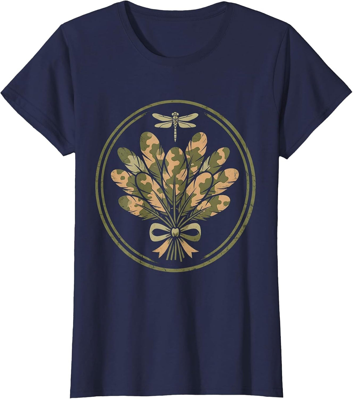 Women's Wild Turkey Feathers Forest Camouflage Design T-Shirt - Navy Blue