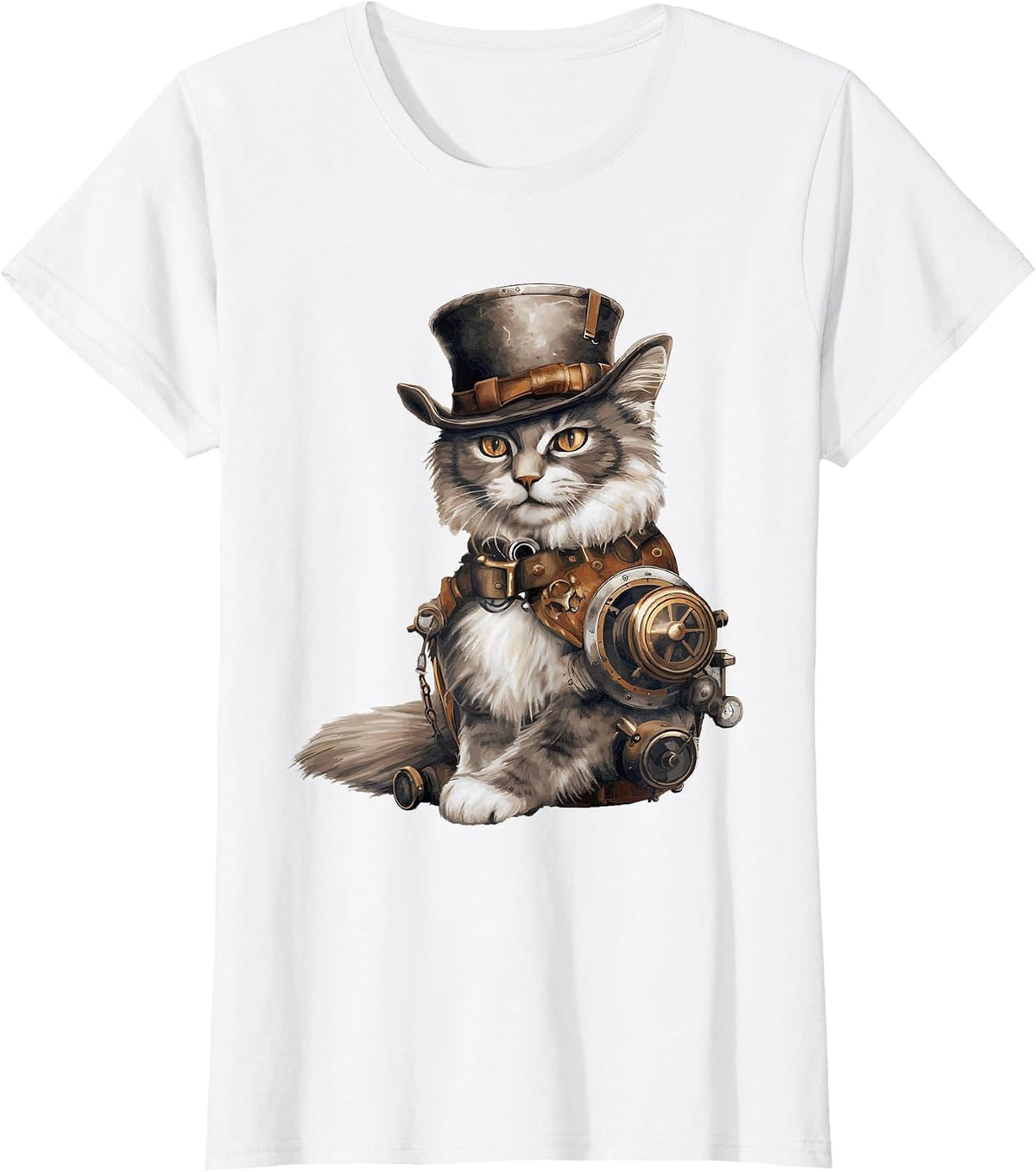 Steampunk Cat with Hat Graphic Design Cat Lover Art Fantasy T-Shirt - White