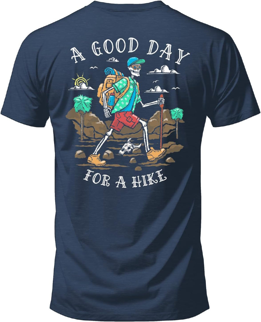 Salty Bones A Good Day for A Hike Outdoor Adventure Camping Graphic T-Shirt, Classic Fit, Printed in USA - Heather Navy