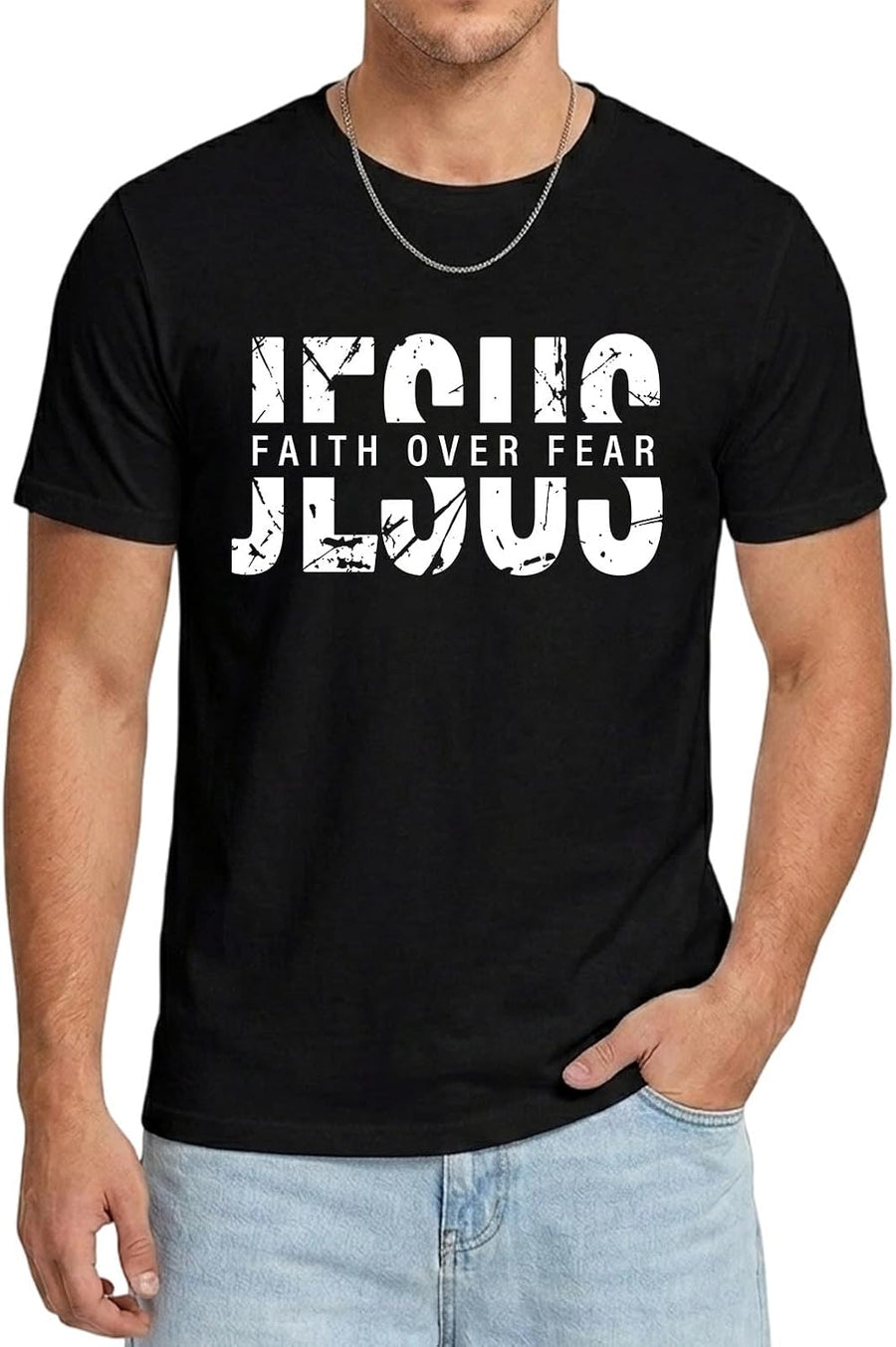 Christian Shirts Men Jesus Faith Over Fear Tshirt Inspirational Bible Tees - Black-jesus