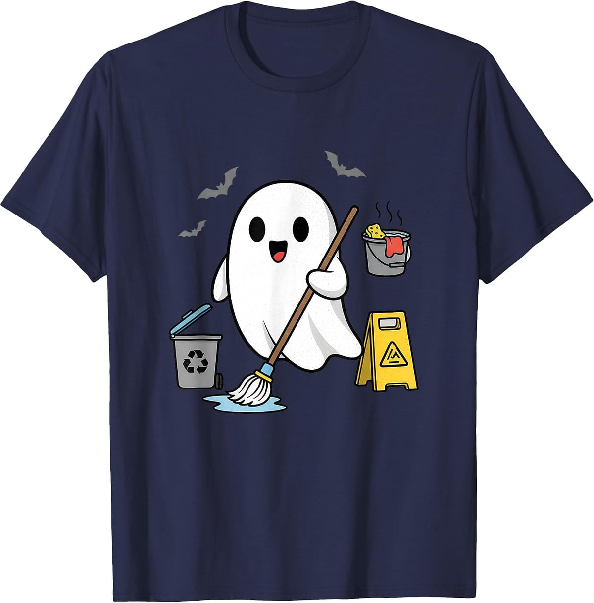 School Custodian Janitor Spooky Ghost Halloween Costume T-Shirt - Navy Blue