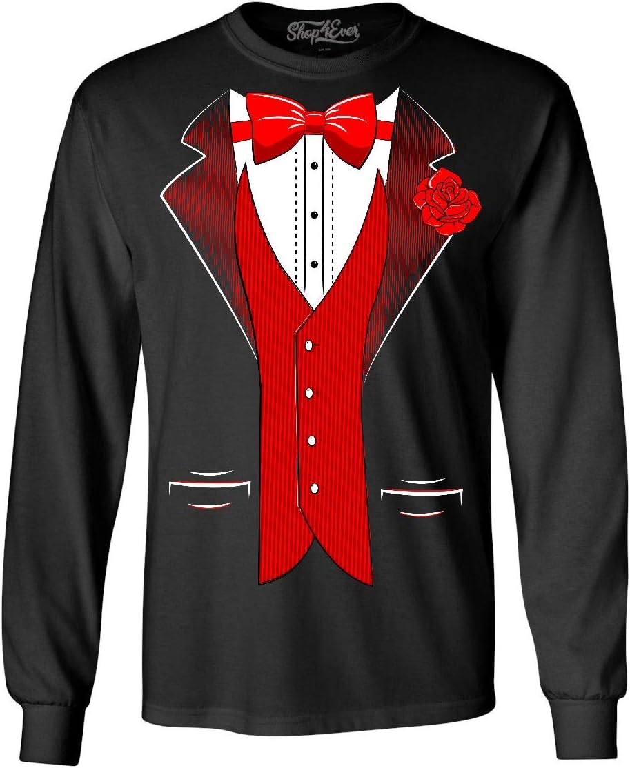 Classic Tuxedo with Red Rose Long Sleeve Party Costume Shirt - Black