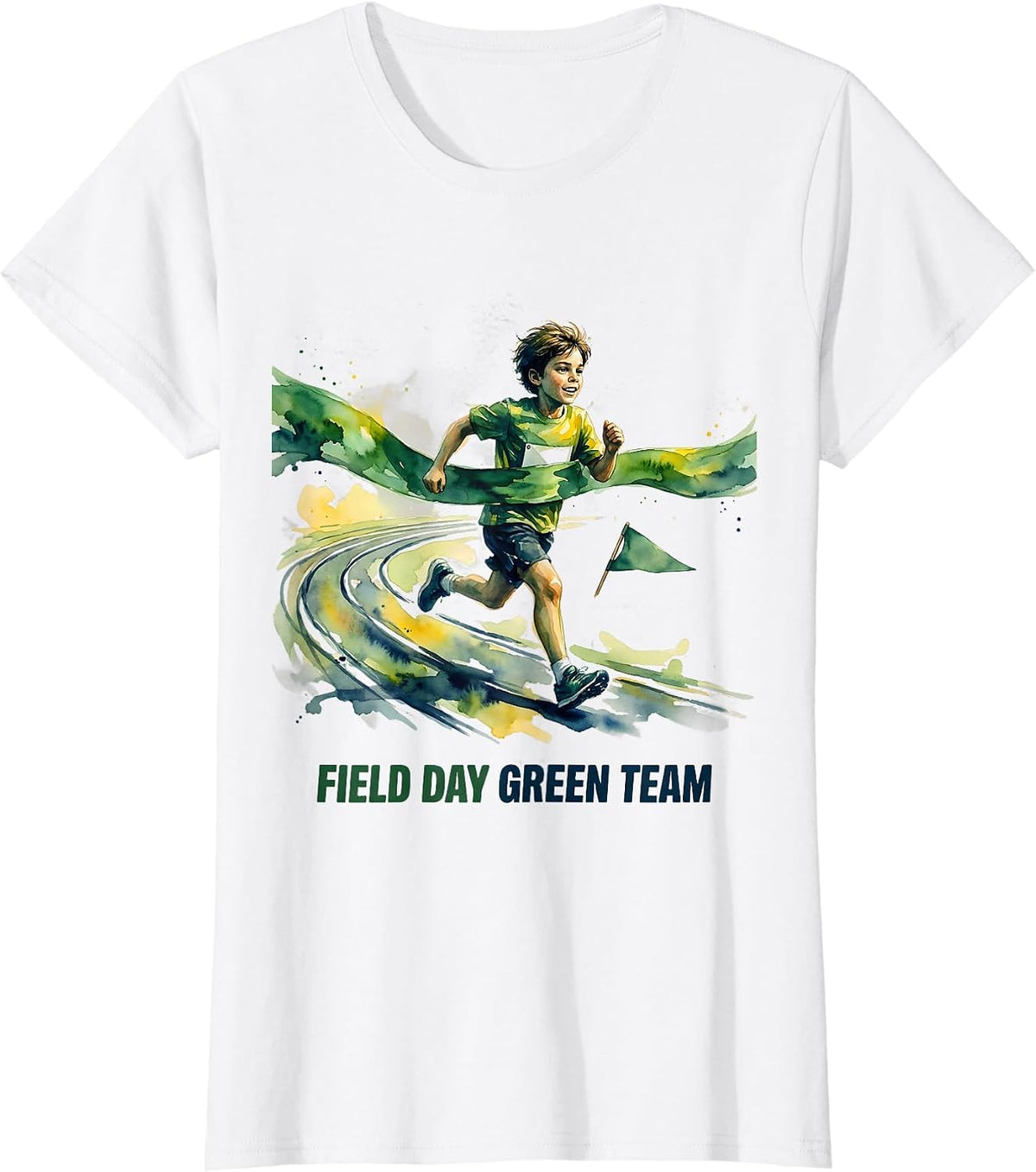 Field Day Green Team Watercolor Child Runner Track Ribbon T-Shirt - White