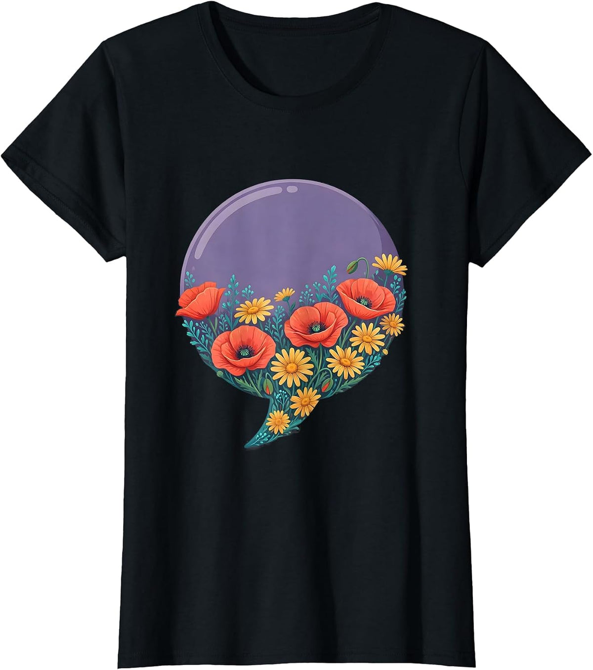 Women's Speech Bubble Wildflower Bloom Graphic Design T-Shirt - Black