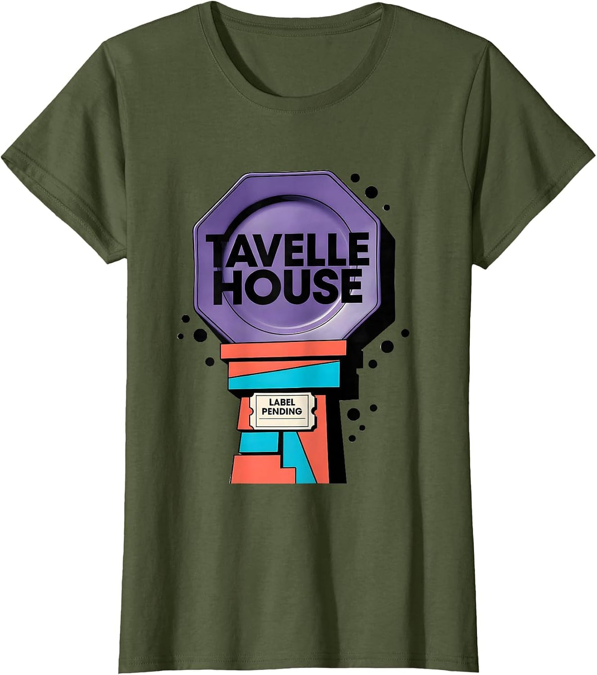 Women's Tavelle House Label Pending Memphis Postmodern Designer T-Shirt - Olive Green