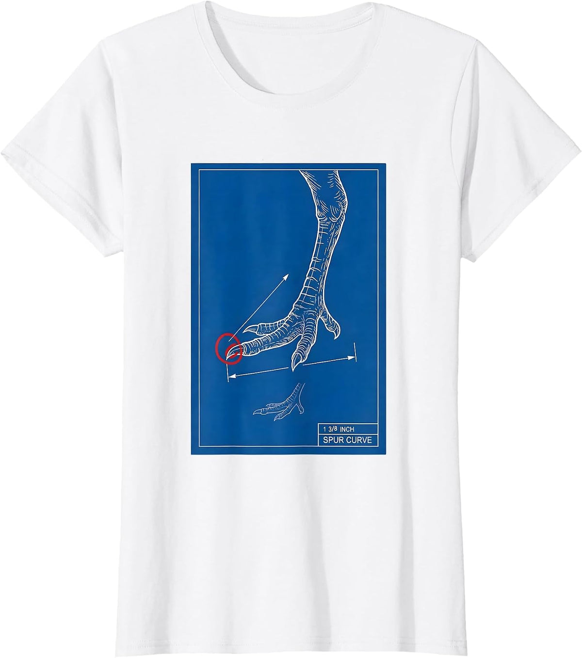 Women's 1 3/8 Inch Spur Curve Technical Blueprint Turkey Hunter Gift T-Shirt - White