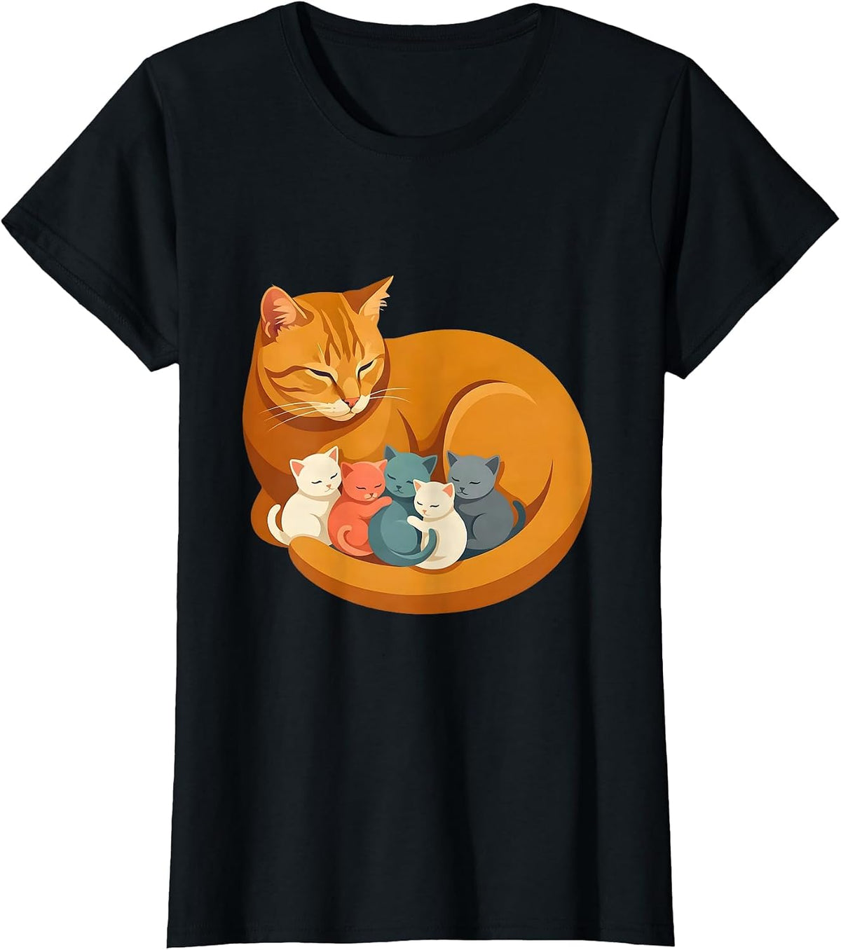 Women's Cat Mom Nursing Kittens Illustration T-Shirt - Black