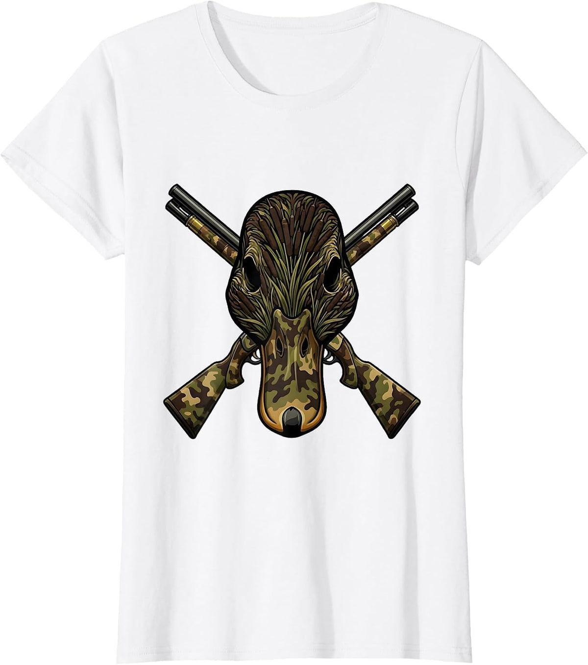 Women's Duck Camo Skull Crossed Shotgun Shells Design T-Shirt - White