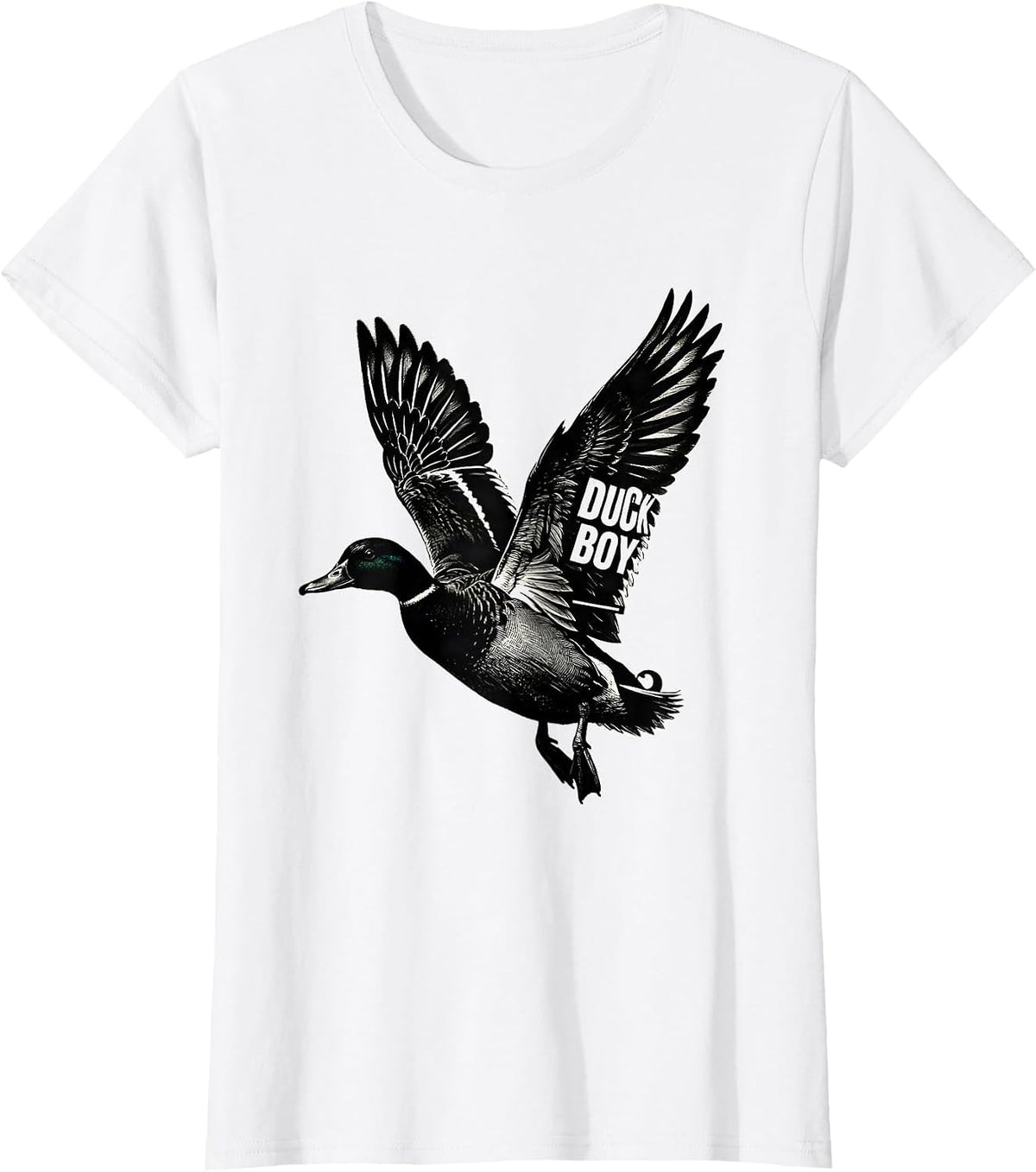 Women's Duck Boy Scratchboard Flying Mallard Youth Hunting Humor T-Shirt - White