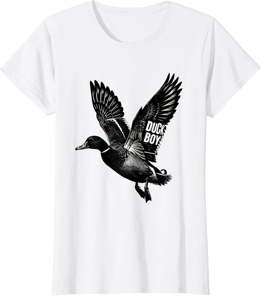 Women's Duck Boy Scratchboard Flying Mallard Youth Hunting Humor T-Shirt - White