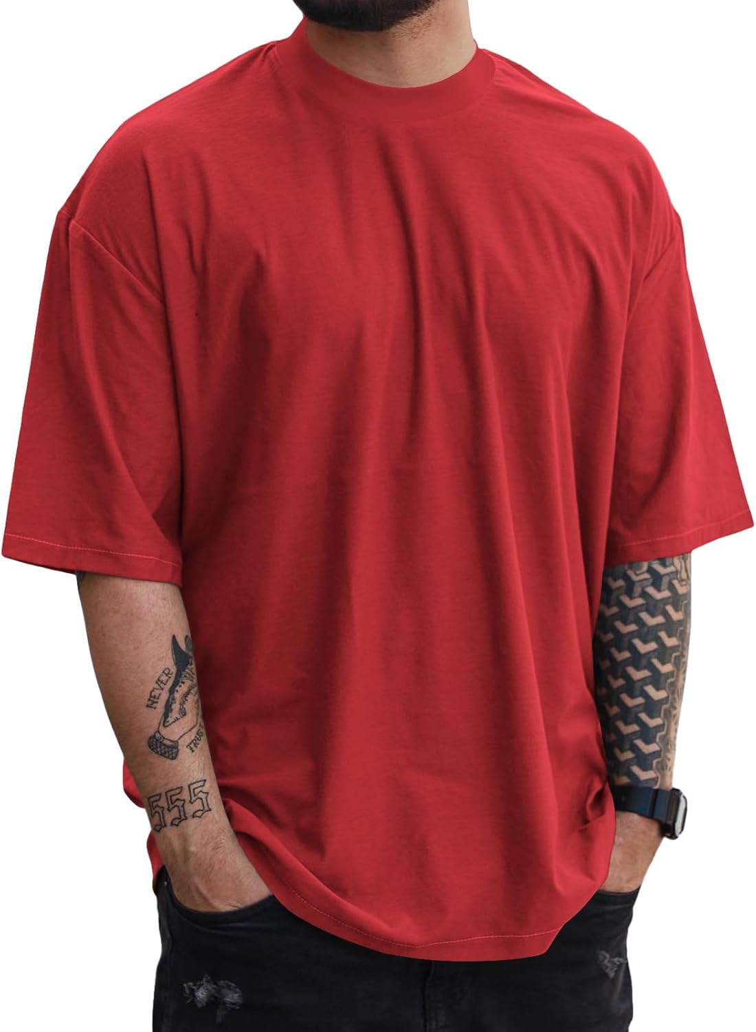 Mens Oversize Short Sleeve Tshirts Workout Drop Shoulder Relaxed Fit Tees - Red