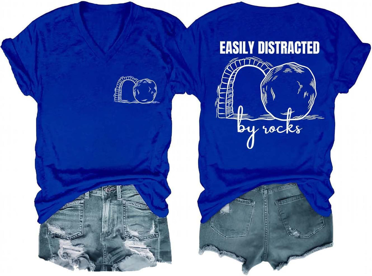 Easily Distracted by Rocks Shirt, Funny Geology Easily Distracted by Rocks T-Shirt V Neck Casual Tees Unisex - V-Neck Royal