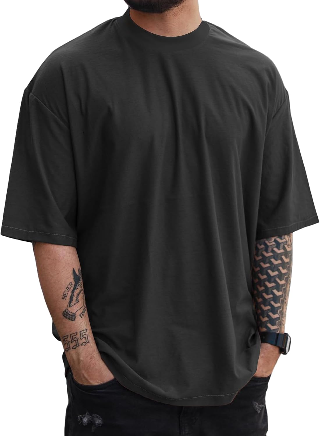 Mens Oversize Short Sleeve Tshirts Workout Drop Shoulder Relaxed Fit Tees - Black