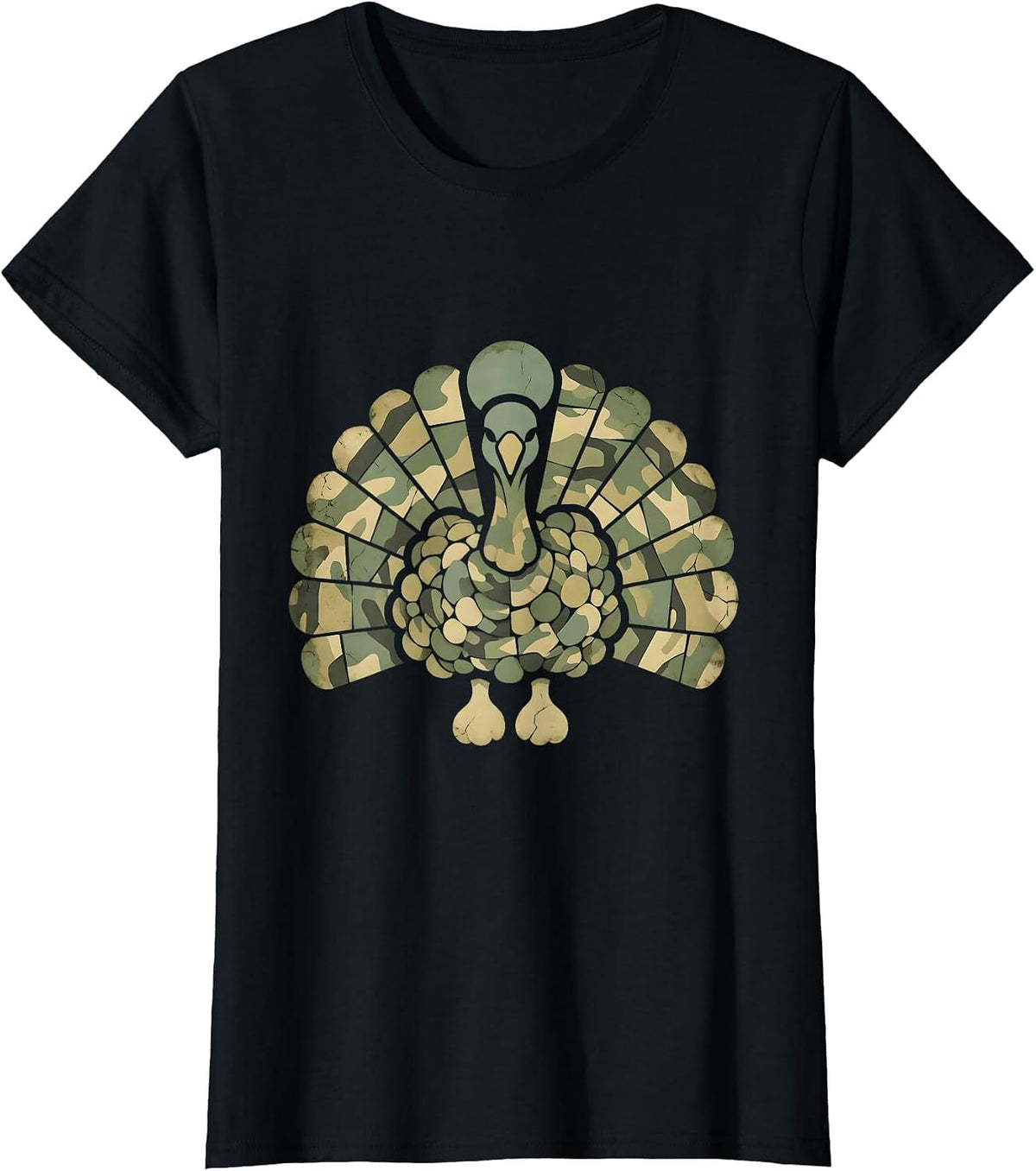 Camo Turkey Feather Fan Hunting Design T-Shirt, Women, Black, Large - As Pictured