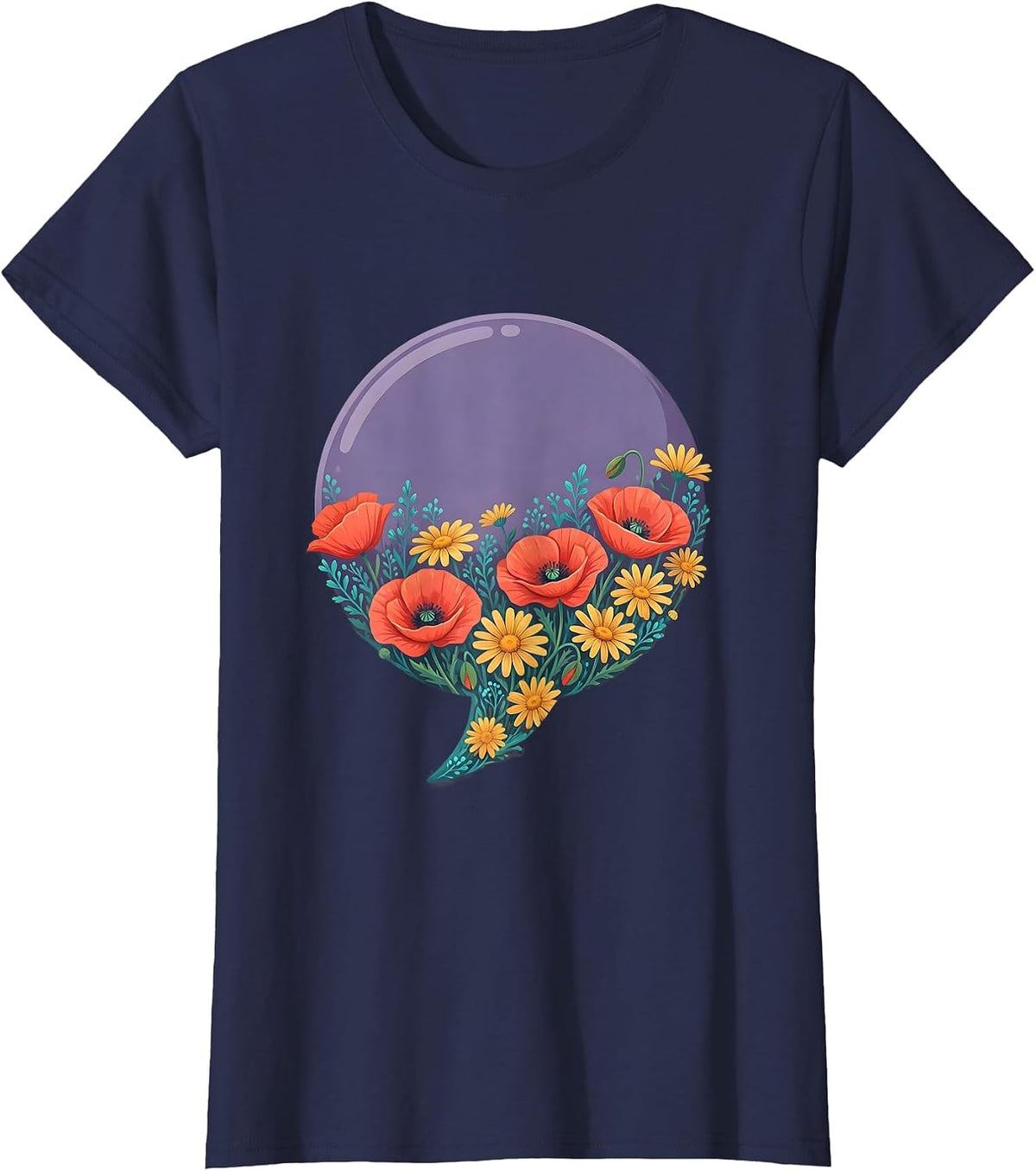 Women's Speech Bubble Wildflower Bloom Graphic Design T-Shirt - Navy Blue