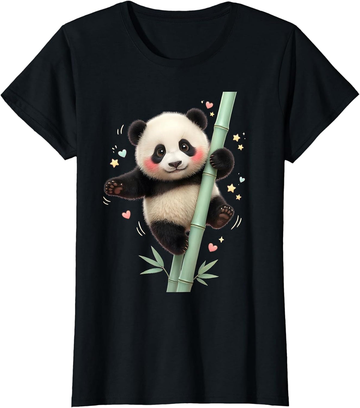 Panda Balancing on Bamboo Pole Graphic T-Shirt - Black