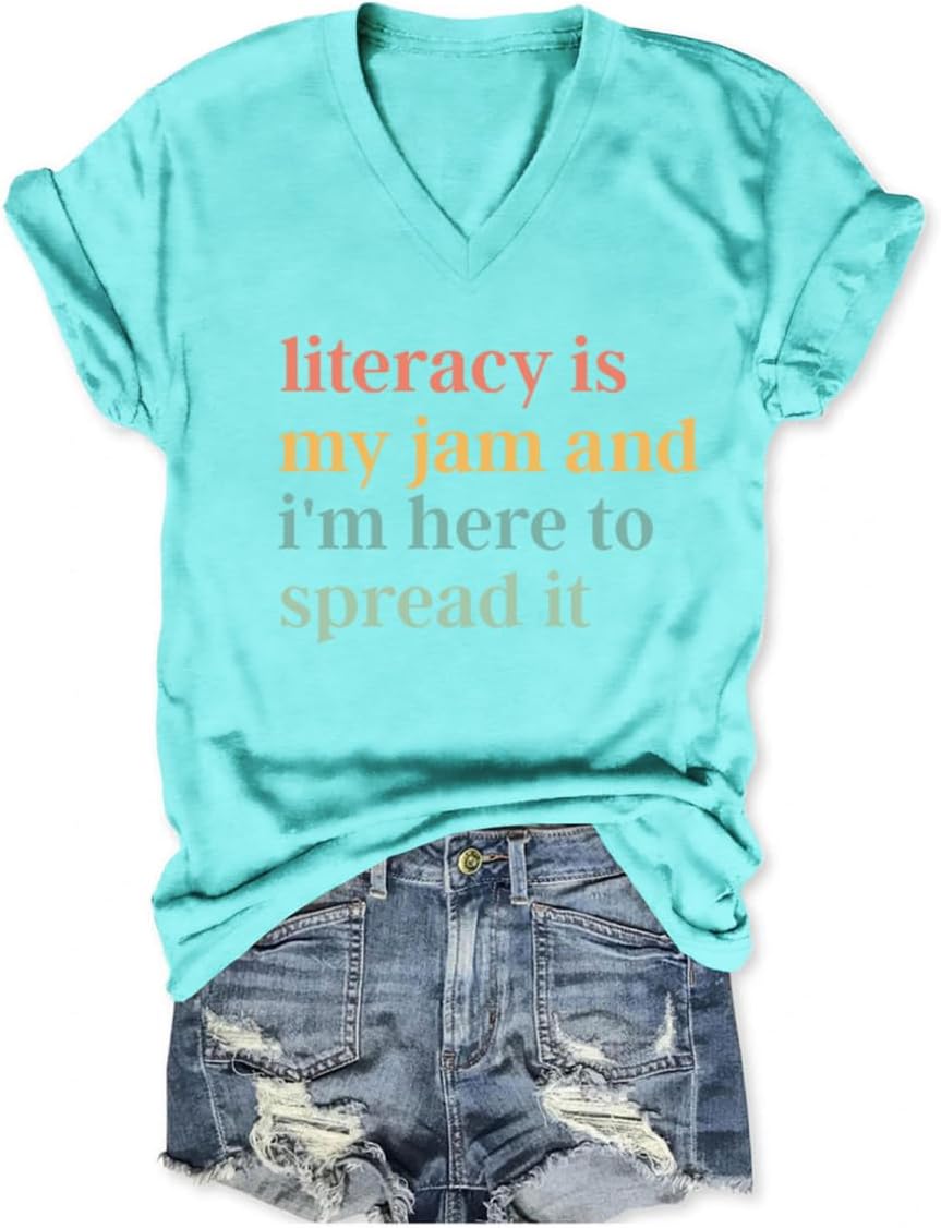 Reading Teacher Shirts Women Literacy is My Jam and I'm Here to Spread It Graphic Tees V Neck English Teacher Tshirts -