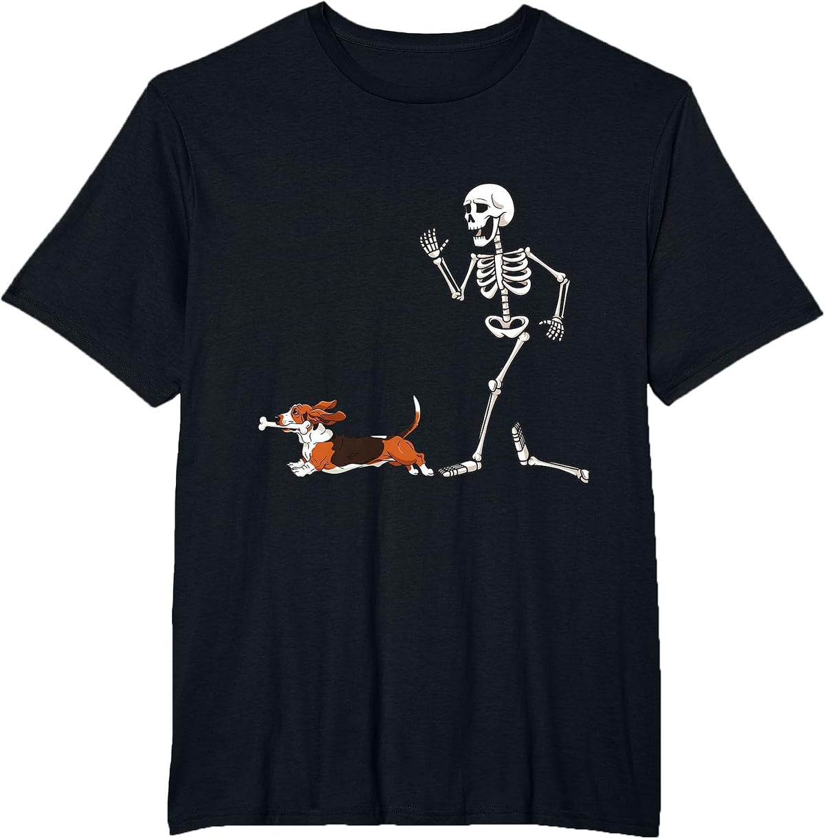 Funny Halloween Basset Hound and Skeleton T-Shirt - Black