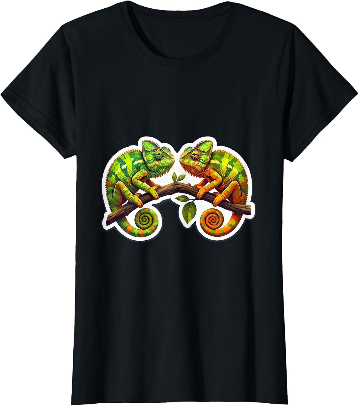 Twin Chameleons on a Branch Twin Day Design T-Shirt - Black