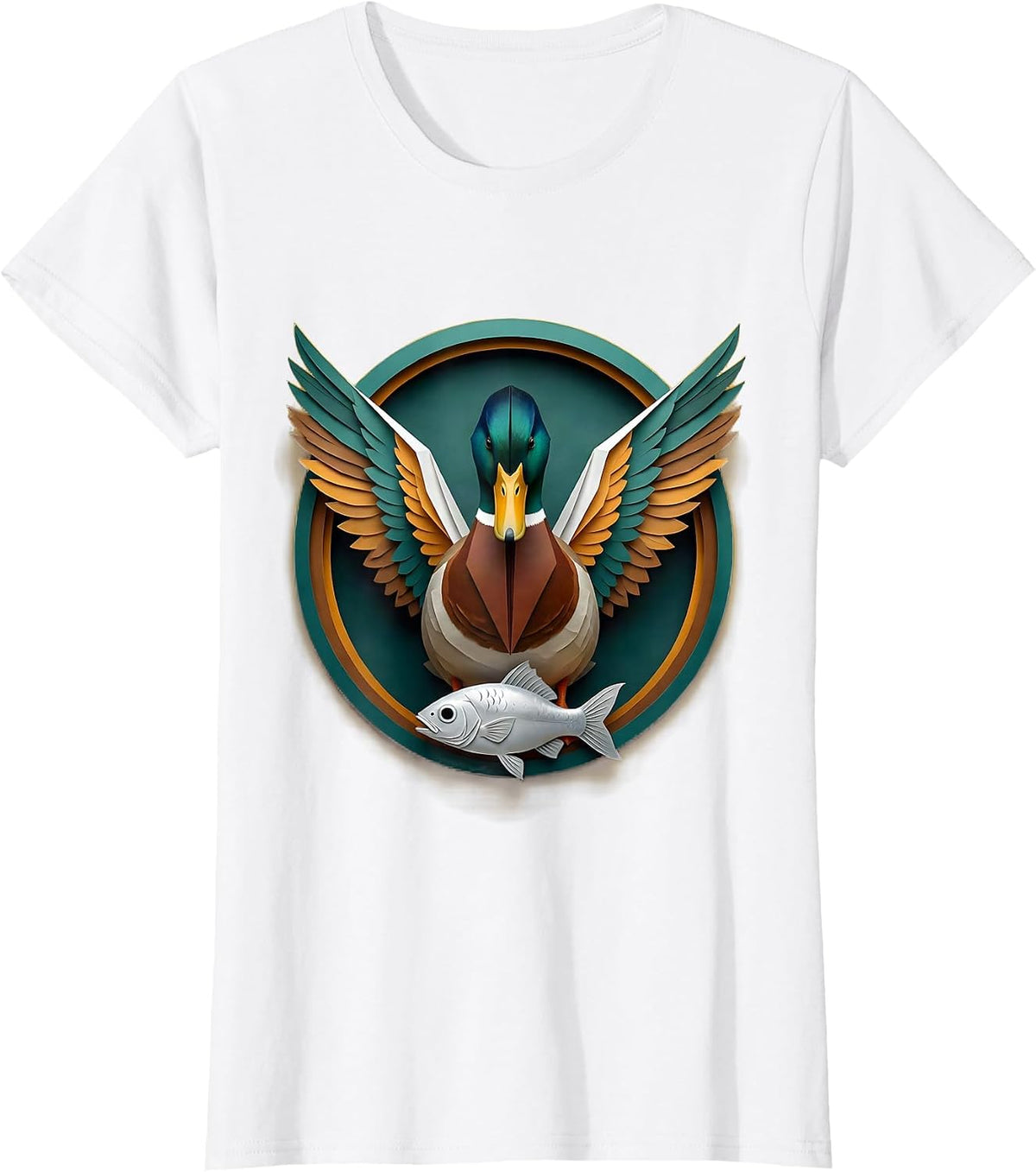 Duck With Wings Spread Catching Fish Illustration T-Shirt - White