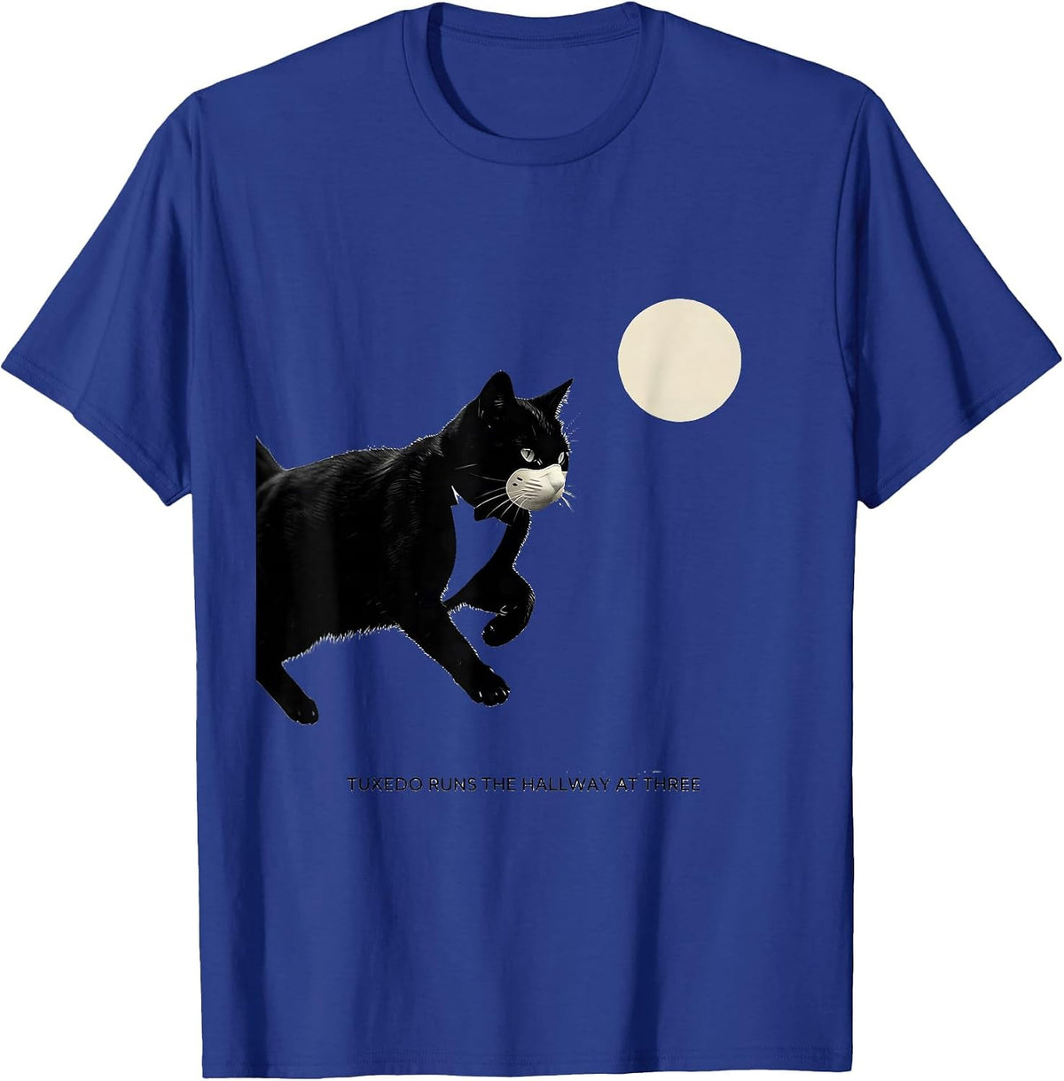 Men's Tuxedo Runs the Hallway at Three Minimalist 90s Retro Cat T-Shirt - Royal Blue